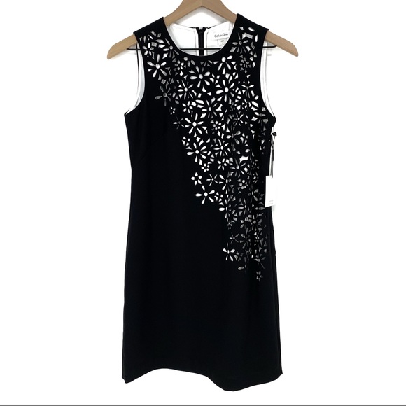 Calvin Klein Black Floral Cutout Shift Dress Crew Neck Sleeveless Size 2 Career - Picture 2 of 7